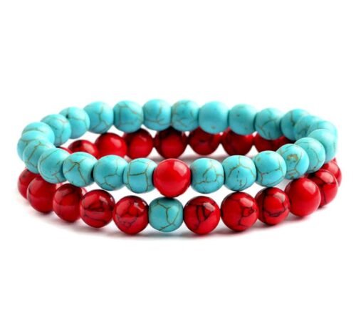 Beaded Treasure Natural Stone Couples’ Bracelet Set Turquoise, Red Howlite