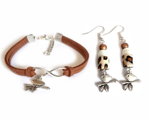 Africa Sweet Birdie Infinity Bracelet & Earrings Set - Brown