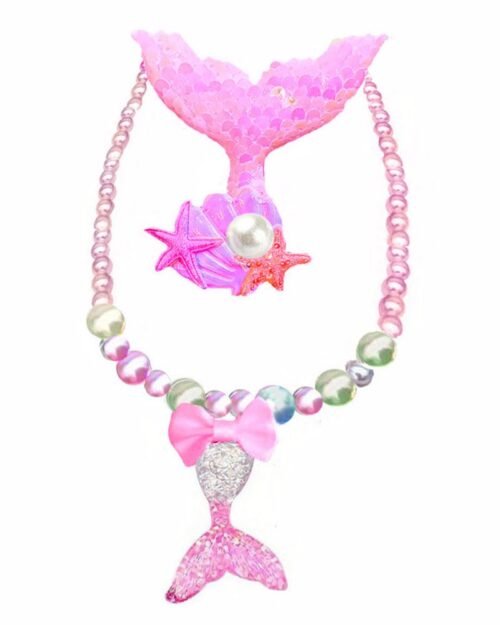 Kids Mermaid Hair Clip, Ponytail Braid & Necklace Set Girls - Pink, Purple - Image 3
