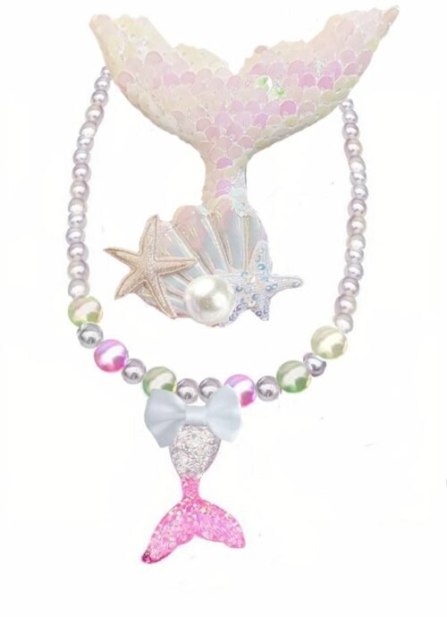 Kids Mermaid Hair Braid Clip Necklace Set for Girls - Blue, White, Pink - Image 3