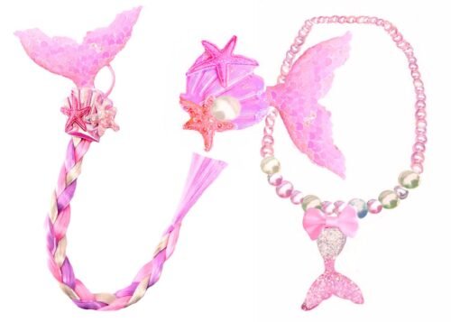 Kids Mermaid Hair Clip, Ponytail Braid & Necklace Set Girls - Pink, Purple
