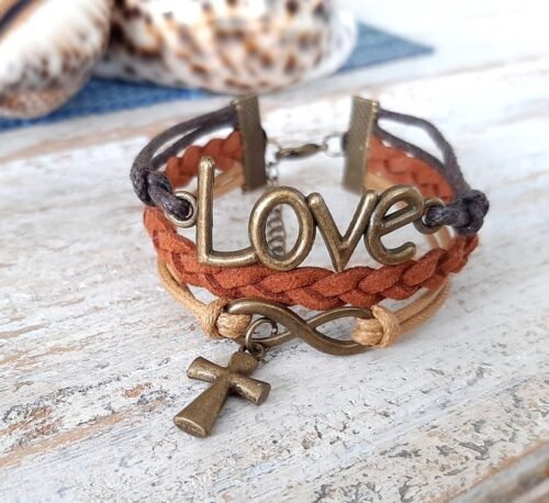Bronze Love Christian Infinity Bracelet with Cross- Brown Beige - Image 2