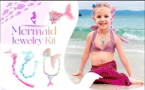 Kids Mermaid Hair Braid Clip Necklace Set for Girls - Blue, White, Pink - Image 8