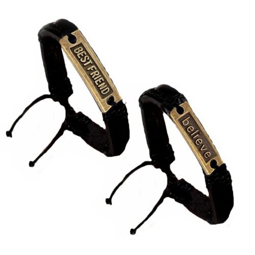 Bronze Charm Leather Bracelet Set of 2 - Believe, Best Friend