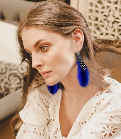 Boho Feather Earrings - Sapphire Blue - Image 3