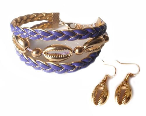 Gold Cowrie Shell Reversible Charm Bracelet & Earrings Set - Violet