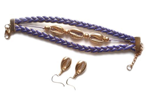 Gold Cowrie Shell Reversible Charm Bracelet & Earrings Set - Violet - Image 6