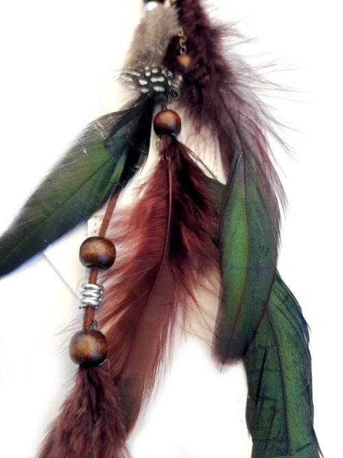 Boho Feather Hair Extension with wood beads - Brown - Image 3