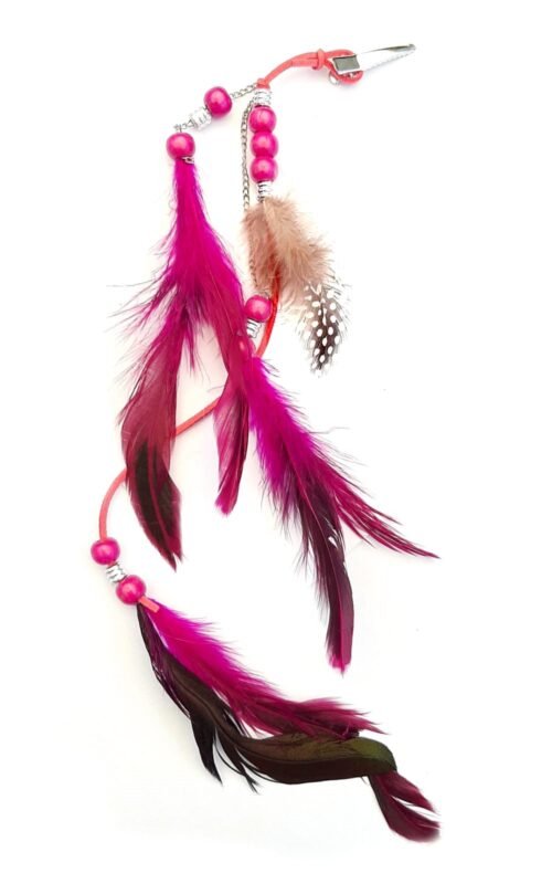 Boho Feather Hair Extension with wood beads - Cerise Pink