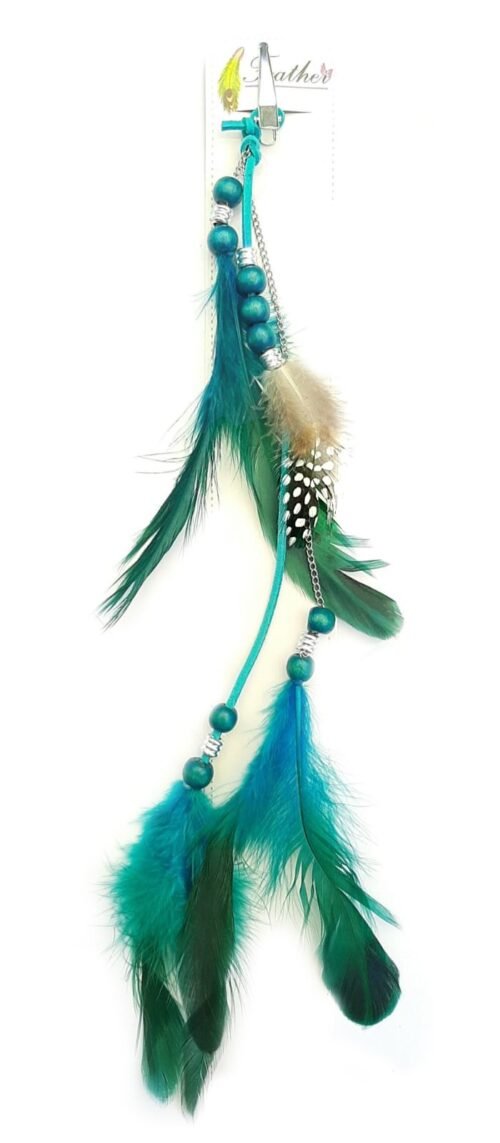 Boho Feather Hair Extension with wood beads - Turquoise, Teal - Image 3