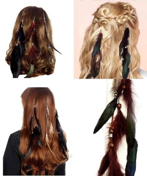 Boho Feather Hair Extension with wood beads - Brown - Image 4