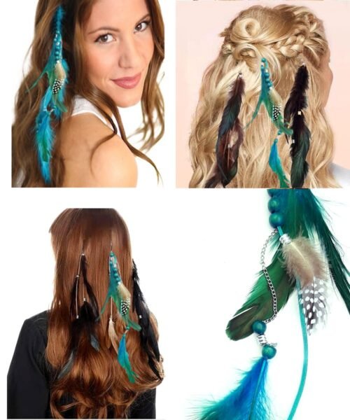 Boho Feather Hair Extension with wood beads - Turquoise, Teal - Image 2