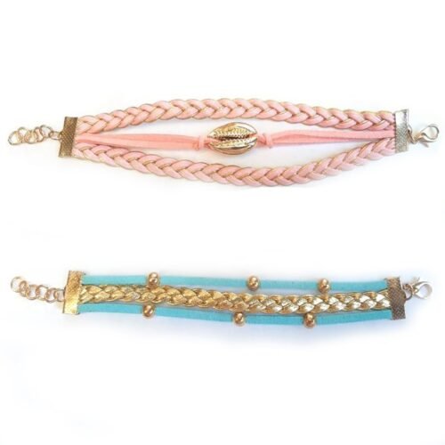 Gold Cowrie Shell Bracelet Set of 2 - Pink & Blue - Image 3
