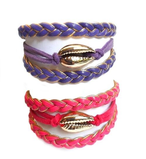 Gold Cowrie Shell Bracelet Set of 2 - Purple, Fuschia Pink