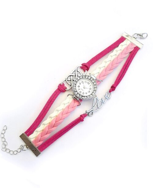 Rhinestone Love Infinity Suede pu Leather Bracelet Watch - Pink, White - Image 3