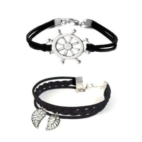 His/Hers Couples Ships Wheel Leaf Infinity Bracelet Set - Black