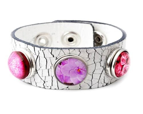 Snap Bracelet Crackled White Leather, Four Snap Charms - Pink - Image 2