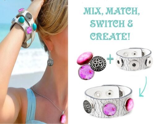 Snap Bracelet Crackled White Leather, Four Snap Charms - Pink - Image 4