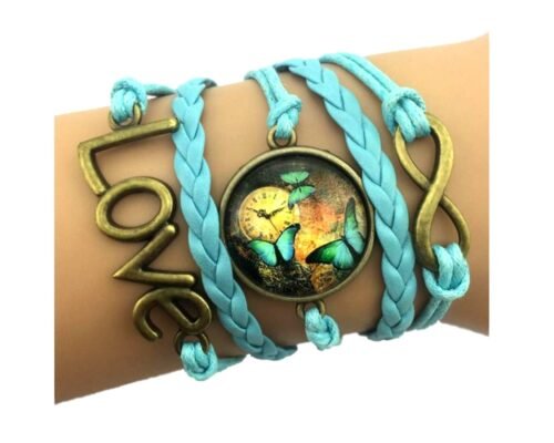 Bronze Cabochon Infinity Bracelet with Antique Butterflies - Blue - Image 2